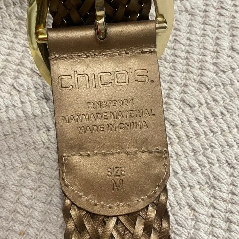 Chico's Metallic Bronze Gold Woven Braided Belt Medium Gold Tone Buckle Wide